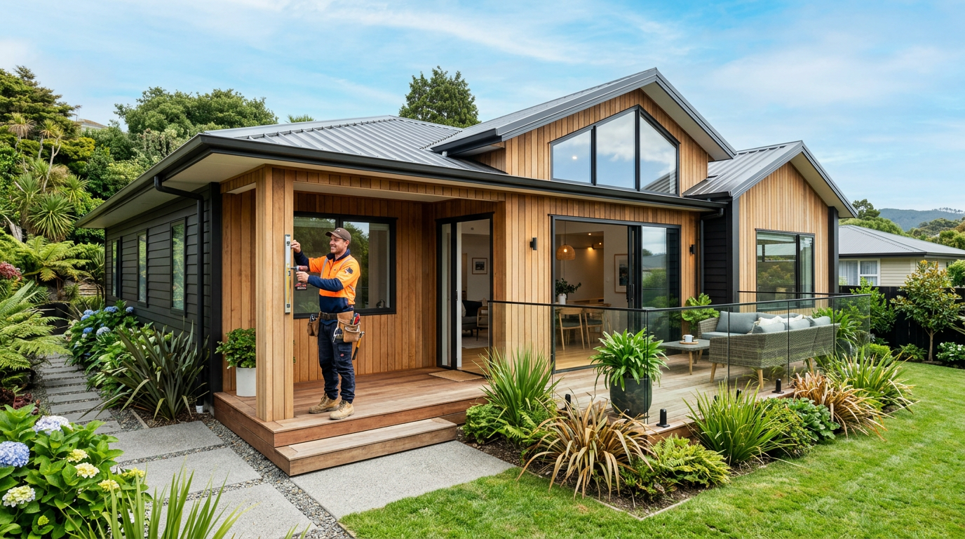A professional builder working on a beautifully renovated New Zealand home