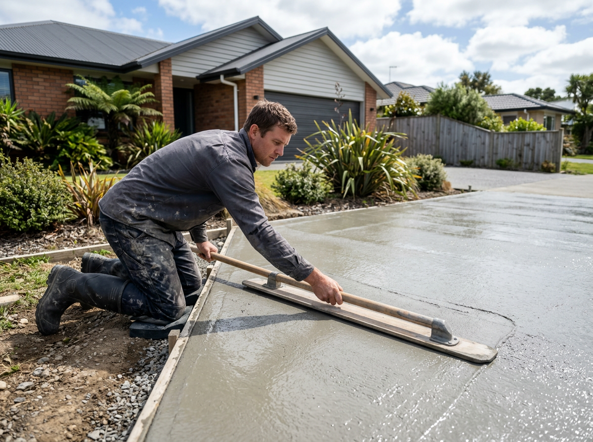 Concreter at work on a New Zealand home
