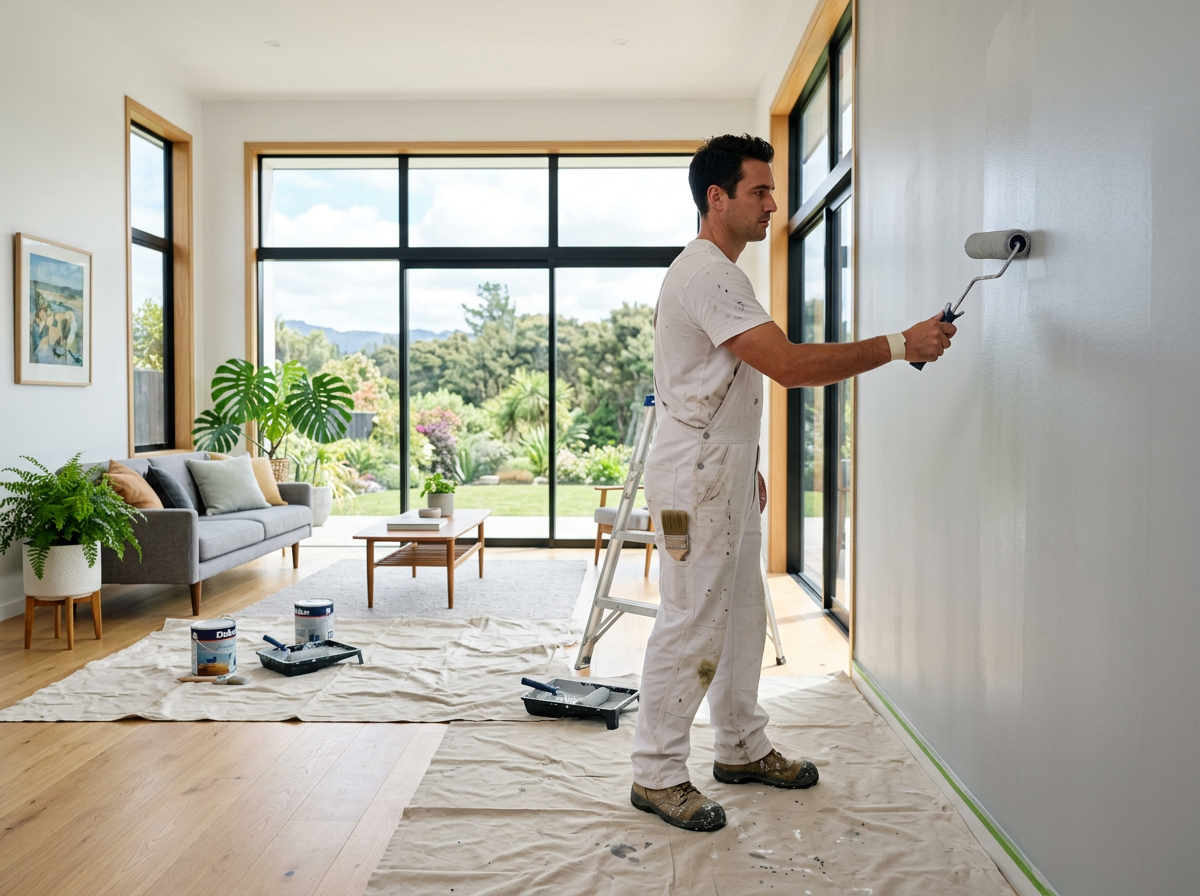 Painter at work on a New Zealand home