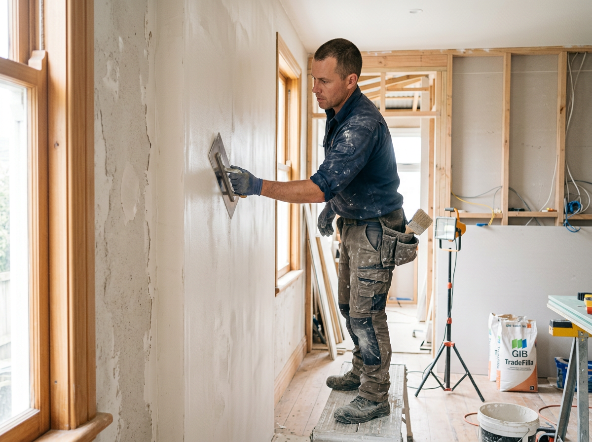 Plasterer at work on a New Zealand home
