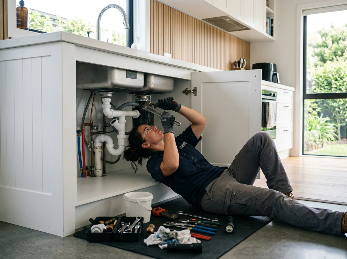 Plumber at work on a New Zealand home